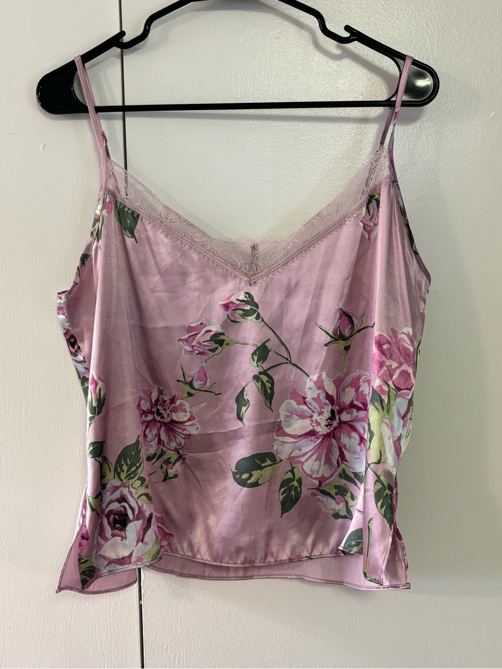 Lace-Trim Floral Satin Cami Top - Pink